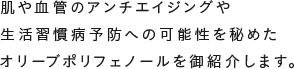 肌や血管のアンチエイジングや生活習慣病予防への可能性を秘めたオリーブポリフェノールを御紹介します。